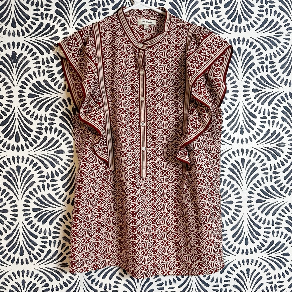 Max Studio Half Button Ruffle Rust Brown Boho Top FLAW - Picture 3 of 11